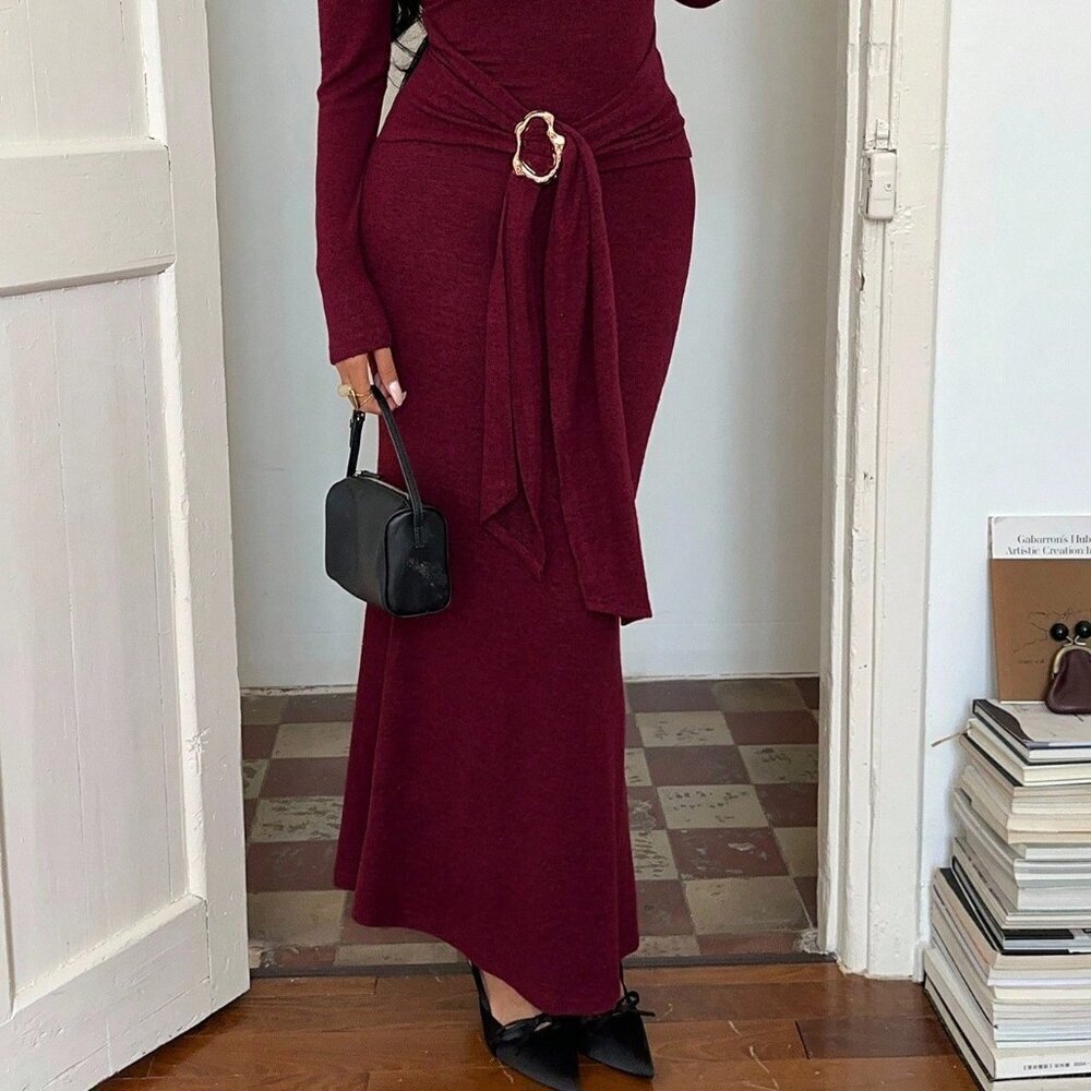 Burgundy Party Women's Fleece Knit Turtleneck Off Shoulder Fitted Dress - Picture 6 of 7
